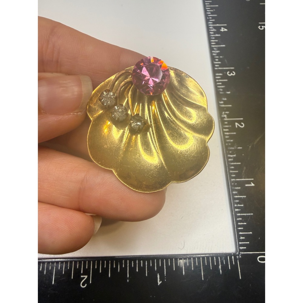 Vintage Scallop Shell Brooch Gold Tone Pink and Clear Rhinestone Costume Jewelry